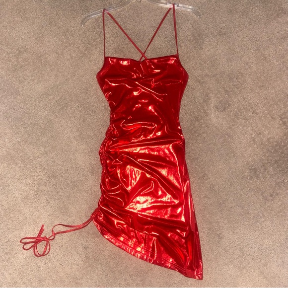 New Red Metallic Draped Cowl Neck Bodycon Mini Dress XS - Picture 3 of 6
